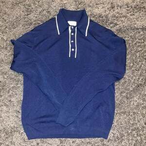 Vintage 70s Sears Kings Road Ban-Lon Knit Polo Sweater Dagger Collar Navy Blue